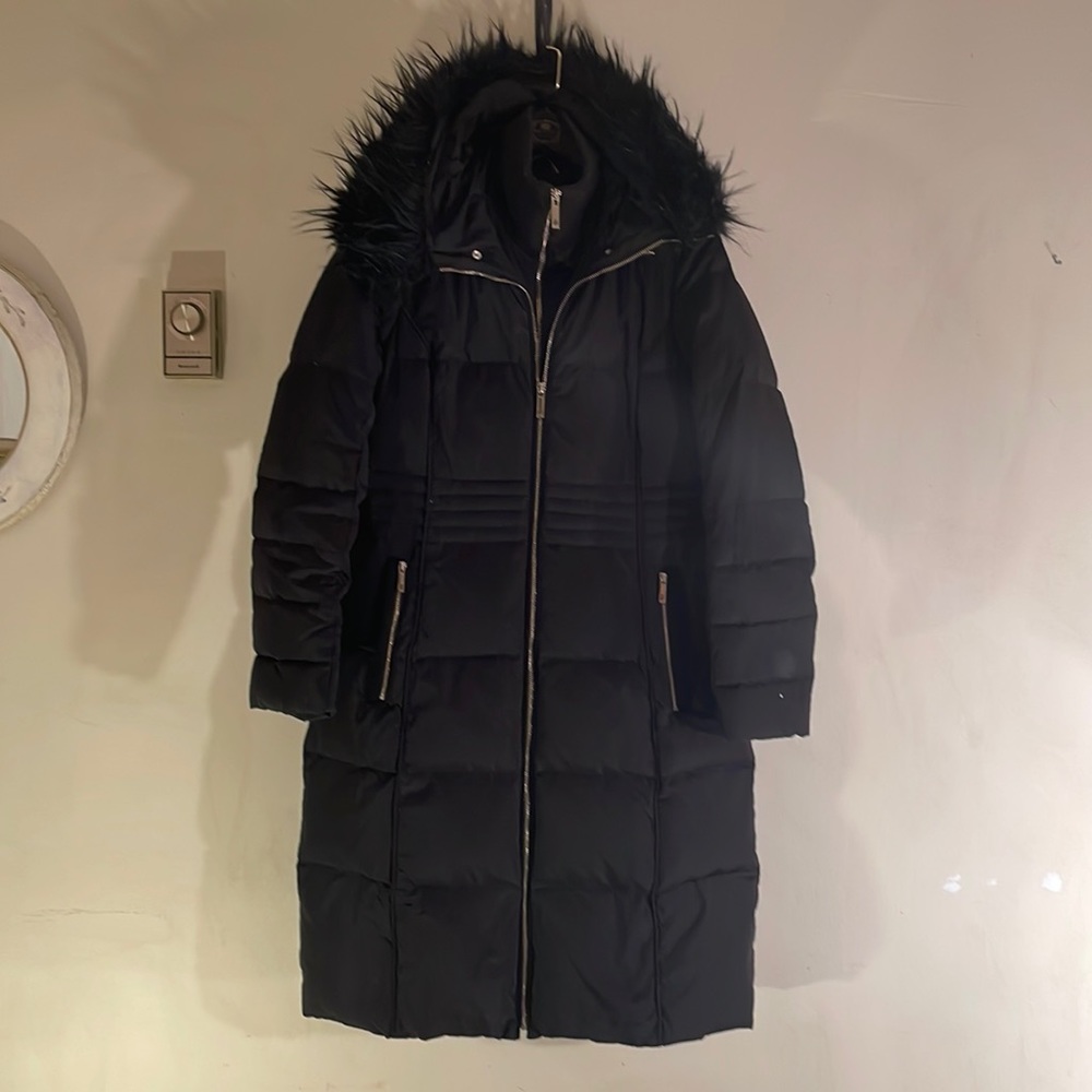 Tommy Hilfiger Coat, black hooded with faux fur trim.  Trim can be removed.